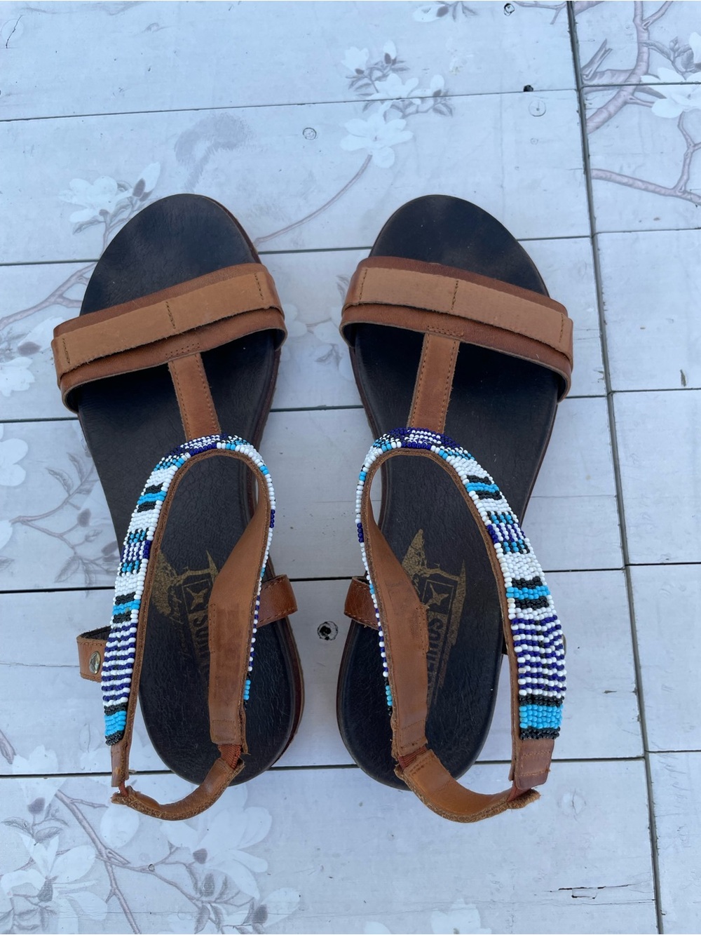 PIKOLINOS Brown Leather Sandals with Blue & White Bead Accents